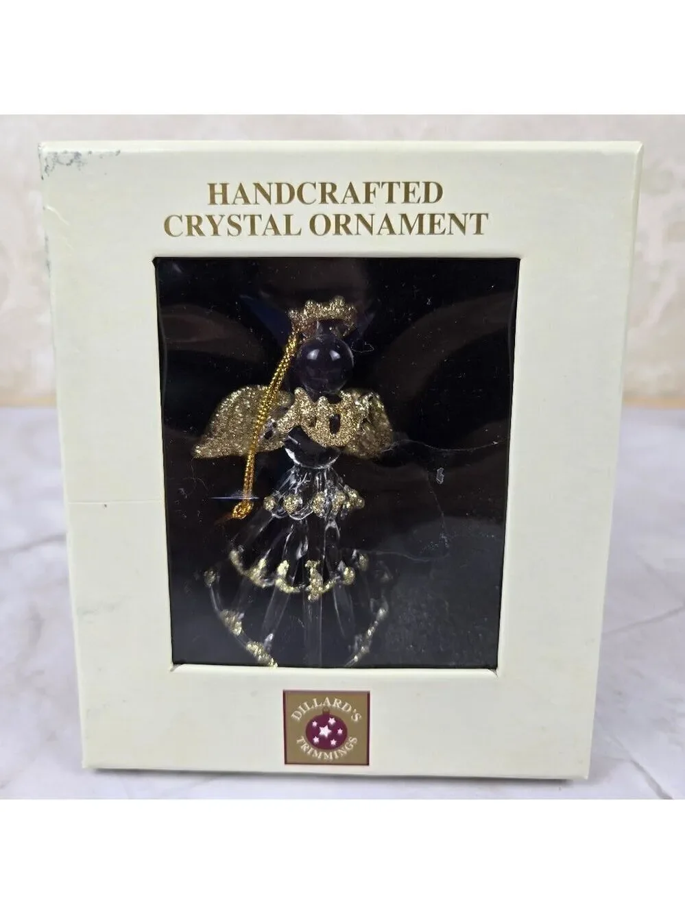 Vintage Spun Glass Angel Ornament Gold Glitter Accents Hanger In Original Box